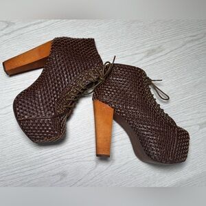 Jeffrey Campbell Brown Woven Platform Lace-Up Heels with Tan Block Heel